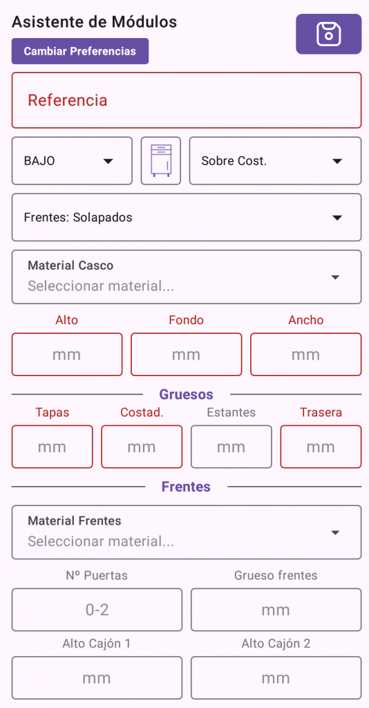 Asistente de modulos de cocina. Aplicacion para Carpinterias